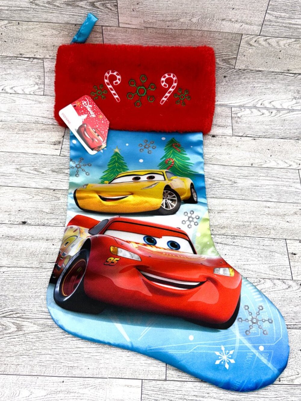 NWT 2018 Disney Pixar Lightning McQueen & Cruz Ramirez Satin Christmas Stocking